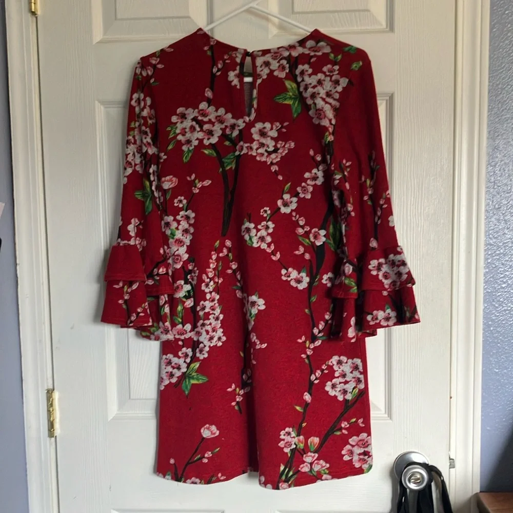 Floral Red Dress with Ruffle Sleeves - Picture 6 of 6